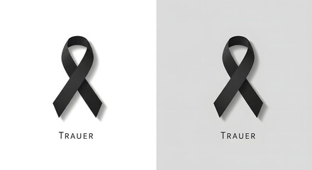 Two versions of a black mourning ribbon, one on a white and one on a gray background, with the German word "Trauer."