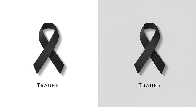 Two versions of a black mourning ribbon, one on a white and one on a gray background, with the German word "Trauer."