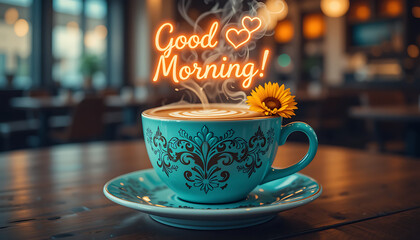 Good Morning Coffee Cup with Sunflower in Cozy Cafe Setting