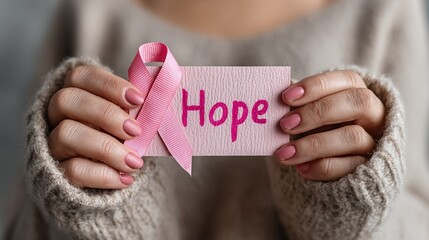Hand Holding Card with "Hope" Pink Ribbon Breast Cancer Awareness Emotional Concept Feminine Hands
