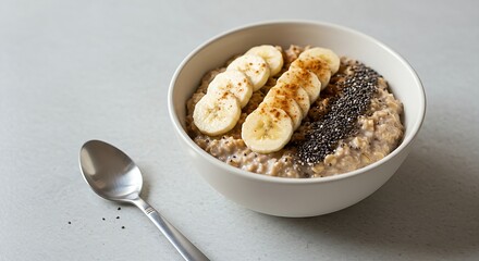 A bowl of overnight oats with sliced bananas, chia seeds, and a sprinkle of cinnamon, ready for a healthy morning. Styled with soft, diffused morning light. 