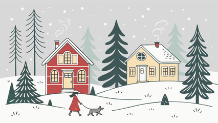 Fototapeta premium Winter landscape illustration with houses, snowcovered trees, and a person walking a dog, capturing the essence of a cozy christmas scene and holiday season