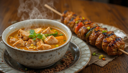 Spicy Chicken Soup with Vegetables and Grilled Skewers on Rustic Table