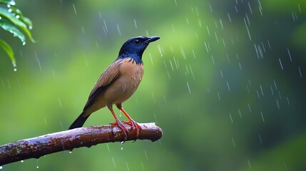 Small Brown and Blue Bird Perched on a Branch in the Rain