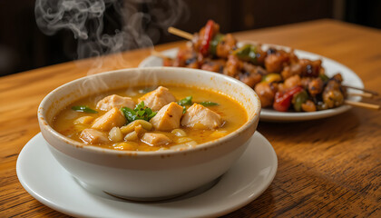Hot Chicken Soup with Vegetables and Grilled Skewers on Rustic Wooden Table