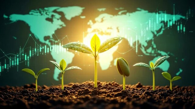 Seedlings growing in soil with world map and stock market graph in background concept of growth - Powered by Adobe