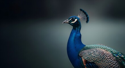 A side profile of a peacock's head and neck, focusing on the vibrant blue and green plumage and its crest feathers.