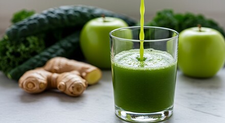 a refreshing green juice made from kale, apple, and ginger, poured into a stylish glass, with fresh ingredients blurred in the background. Shot with bright, natural light. 