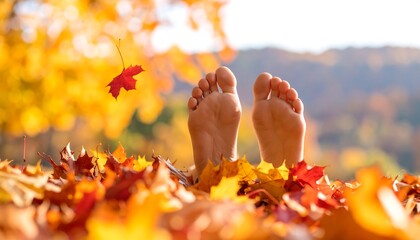 Bare feet nestled in autumn leaves