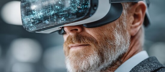 Senior Man Wearing Virtual Reality Headset Engaged in Futuristic Digital Experience