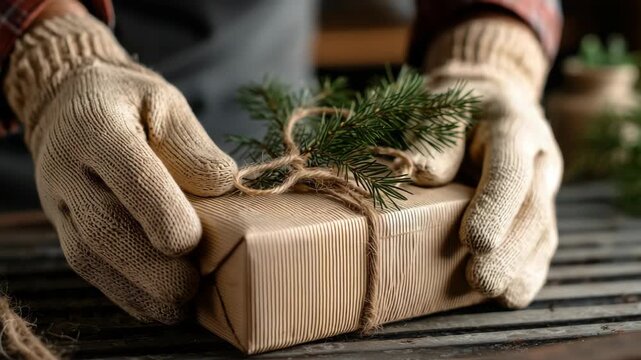 Wrapping a holiday gift with natural decor in a cozy workshop setting