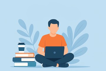 A stylized illustration of a person working on a laptop while sitting cross-legged on the floor.