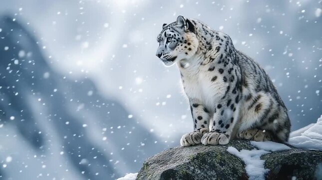 Snow Leopard Resting on Rock in Snowy Mountain Landscape