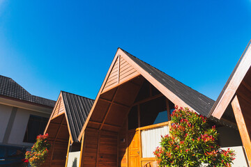 Luxury villa in Ciwidey with morning view and background of hills and tea plantations.