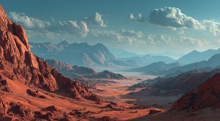 Naklejka premium Expansive desert valley nestled between majestic red rock mountains under a partly cloudy sky (1)