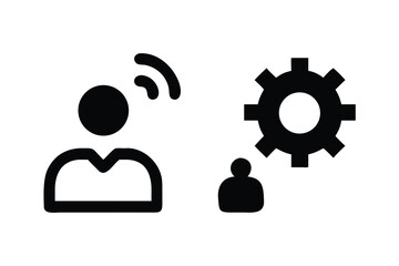 Icons depicting a user with wireless signal waves and a gear with a small person icon, representing user settings, connectivity, and system management, isolated on white background