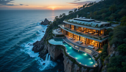 Modern Cliffside Villa with Ocean Sunset View and Infinity Pool
