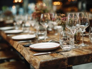 Rustic restaurant table set for dinner