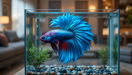 Elegant Betta Fish in Minimalist Aquarium with Natural Pebbles
