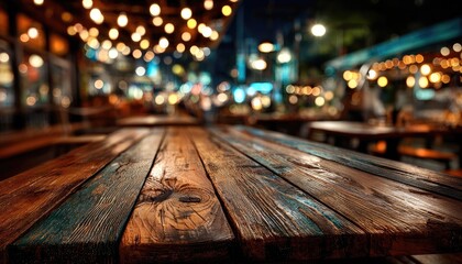 Rustic wooden table at night, blurred city lights background