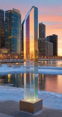 Fototapeta premium Modern glass sculpture at dawn, city skyline