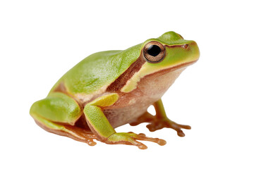 Obraz premium Close-up of a small, vibrant green frog. Distinct light-brown/tan markings on its belly and legs. Dark eyes, small and focused. Isolated on black background