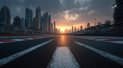 Fototapeta premium Sunset over a city skyline viewed from a racetrack's starting line
