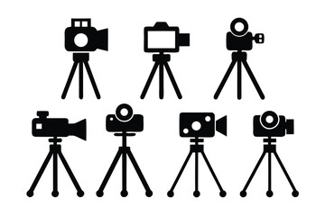 Set of black silhouette icons depicting various types of cameras and video equipment mounted on tripods, representing photography, filmmaking, and media production tools