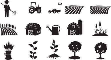 Naklejka premium Agriculture, farming silhouette icon set. harvest, plant symbols collection.
