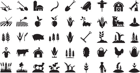 Agriculture, farming silhouette icon set. harvest, plant symbols collection.