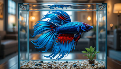 Vibrant Blue Betta Fish Swimming in Decorative Glass Aquarium