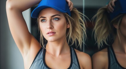 Young woman with blonde hair and blue eyes wearing a blue cap