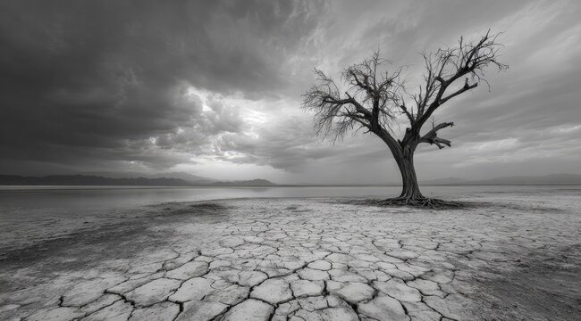 A lone, dead tree stands in a cracked, dry lakebed under a stormy sky - Powered by Adobe
