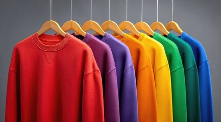 Obraz premium Rainbow-hued sweatshirts hang on wooden hangers against a gray backdrop