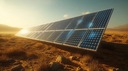 Solar panels in desert landscape harnessing sunlight at sunrise, clean energy infrastructure.