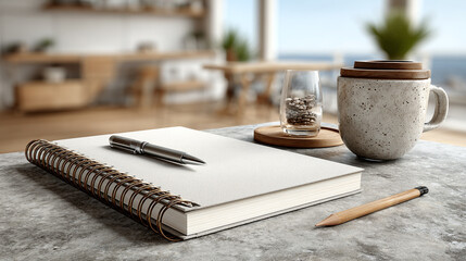 Warm morning light on minimalist coffee desk with notebook and pen in modern kitchen.