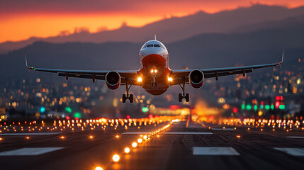 Passenger jet approaches runway in dramatic evening light, glowing skyline and landing gear.