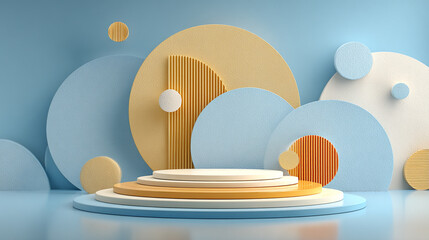 Playful pastel 3D cloud podium with geometric shapes and soft textures for product presentation.