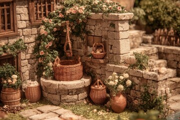 Enchanted Village Well: A Miniature Stone Village Scene with Roses and Baskets