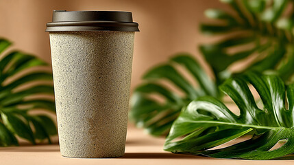 Eco-friendly disposable coffee cup with textured surface surrounded by tropical green leaves.
