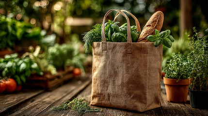 Kraft grocery bag filled with herbs and baguette on rustic wood table at sunny outdoor market.