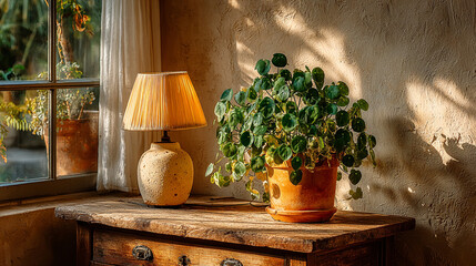 Rustic wooden desk with potted plant and lamp in cozy sunlit room with natural textures.