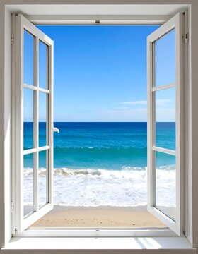 An open window reveals a tranquil beach scene with a bright blue ocean and gentle waves