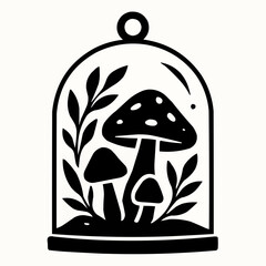 Poisonous red fly agaric mushrooms in a black and white forest illustration