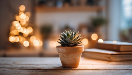 Small succulent in terracotta pot on wooden table, Christmas lights bokeh
