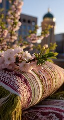 Delicate blossoms rest on a patterned cushion, city backdrop