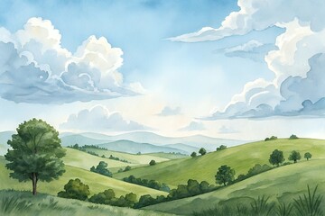 Lush green rolling hills under a bright blue sky with fluffy white clouds