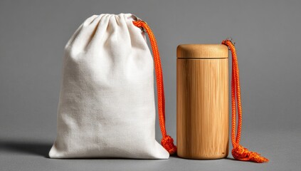 Simple white drawstring bag next to a light brown bamboo tumbler
