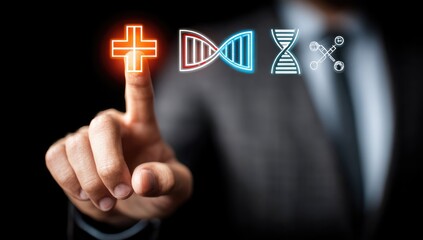 Hand touching medical and DNA icons