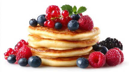 Stack of golden pancakes topped with a colorful array of fresh berries